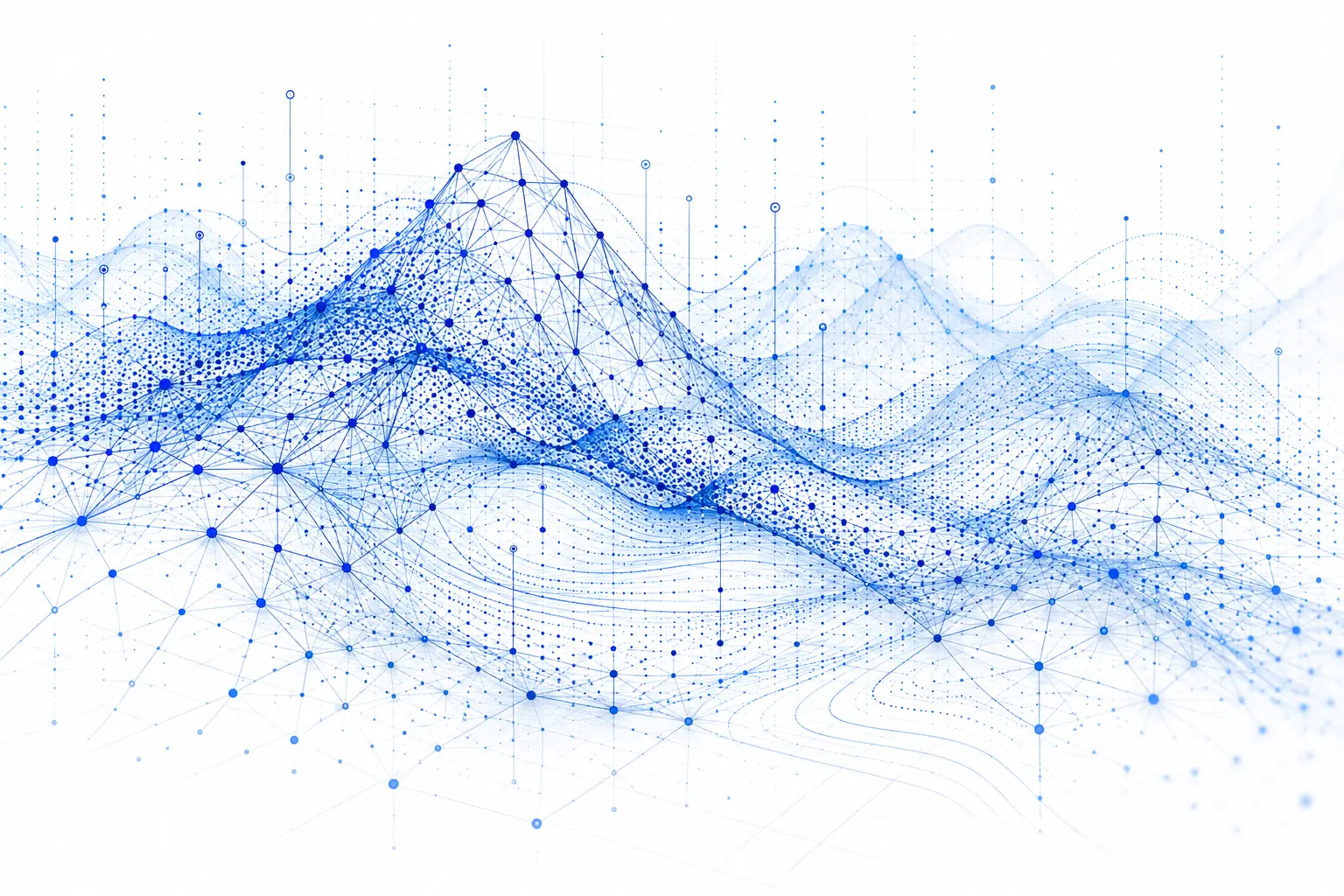 Detailed conceptual network with layered blue meshes, point clouds and signal traces